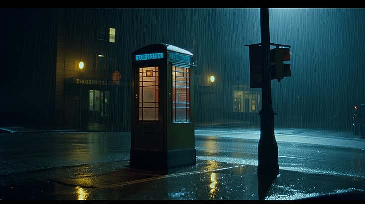 AI арт, голубой, телефонная будка, дождь, улица, HD обои