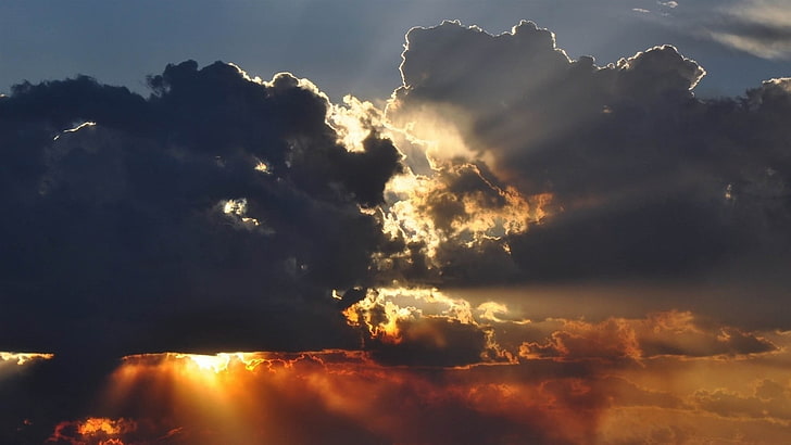 crepuscular rays, sun rays, sunset, clouds, HD wallpaper