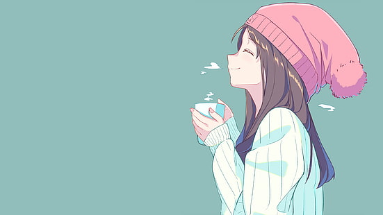 anime, hat, anime girls, tea, closed eyes, simple background, cup, brunette, face, profile, HD wallpaper HD wallpaper