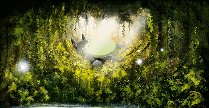 grüne Blattpflanzen, Studio Ghibli, mein Nachbar Totoro, Totoro, schlafend, Wald, Anime, HD-Hintergrundbild