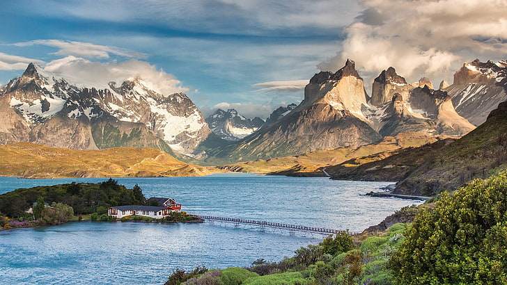 brown mountains, landscape, mountains, water, sky, torres del paine national park, HD wallpaper