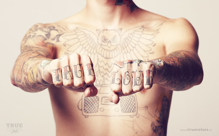 true love finger tattoos, the inscription, tattoo, fists, torso, true love, HD wallpaper