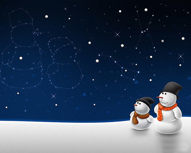 มนุษย์หิมะสองตัวภายใต้ภาพประกอบท้องฟ้าที่เต็มไปด้วยดวงดาวคริสต์มาส, วอลล์เปเปอร์ HD