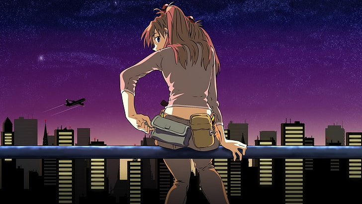 animated woman sitting on blue rod illustration, Neon Genesis Evangelion, Asuka Langley Soryu, anime girls, looking back, anime, HD wallpaper