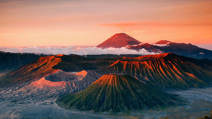 Mount Bromo, landscape, crater, clouds, fantasy art, dusk, urban, nature, mountains, Java (island), volcano, Indonesia, HD wallpaper