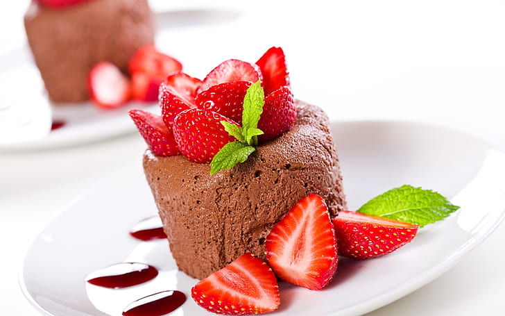 Chocolate Mousse, chocolate ice cream topped with strawberries, chocolate, mousse, strawberry, mint, dessert, plate, HD wallpaper