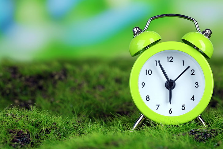 green alarm clock, grass, time, watch, morning, alarm clock, HD wallpaper