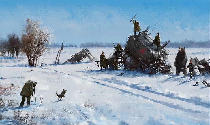 arte digital, exército, soldado, robô, animais, inverno, fotógrafo, fictício, paisagem, Jakub Różalski, colheita de ferro, HD papel de parede