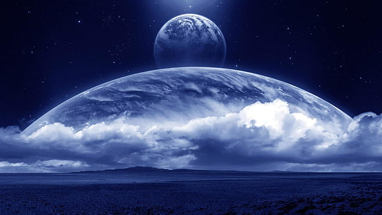 rymdkonst, yta, natthimmel, planet, måne, stjärnor, fantasikonst, rymd, moln, himmel, landskap, fält, främmande planet, främmande landskap, HD tapet HD wallpaper
