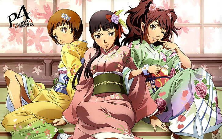 Persona 4 Anime Chie Satonaka Yukiko Amagi Rise Kujikawa Kimono HD, videospel, anime, 4, persona, stiga, satonaka, chie, kimono, amagi, yukiko, kujikawa, HD tapet