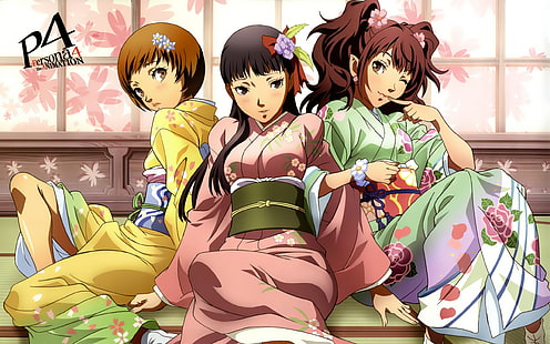 Persona 4 Anime Chie Satonaka Yukiko Amagi Rise Kujikawa Kimono HD, วิดีโอเกม, อะนิเมะ, 4, persona, rise, satonaka, chie, kimono, amagi, yukiko, kujikawa, วอลล์เปเปอร์ HD HD wallpaper