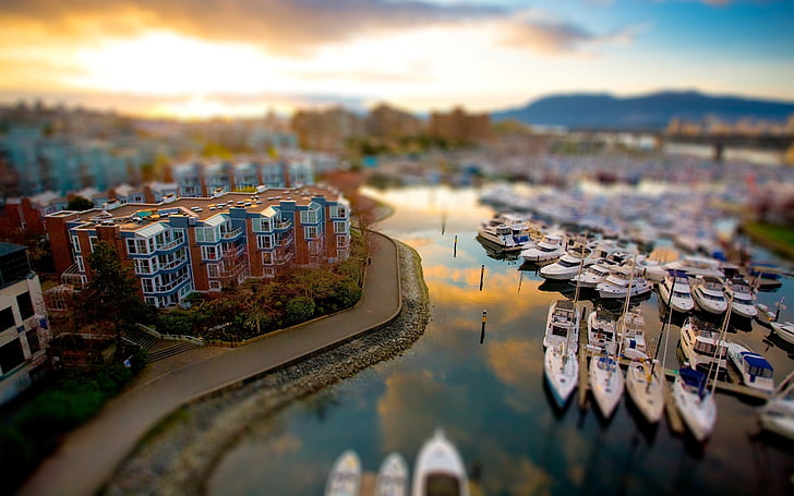gray and brown concrete buildings, aerial view of boats and buildings, tilt shift, city, harbor, river, boat, Vancouver, British Columbia, Canada, coast, building, reflection, sunset, HD wallpaper