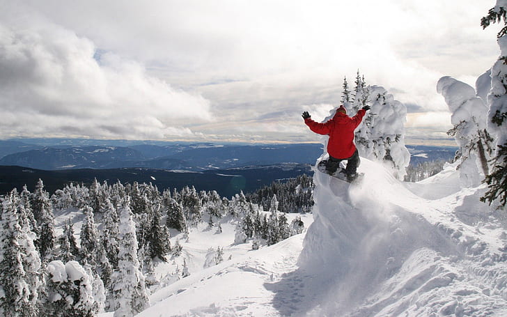Snowboard em grande altura, neve, cara, árvores, montanha, colina, HD papel de parede
