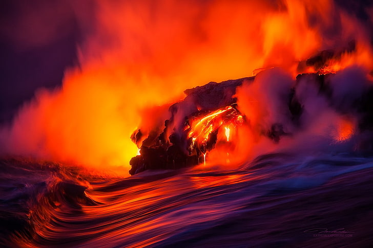 вулканично изригване, вулкан, море, вода, цветен, дим, Том Куали, Хавай, природа, лава, остров, скали, HD тапет