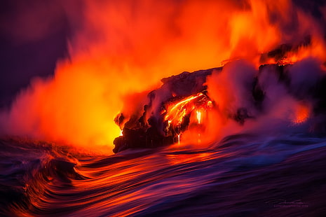 вулканично изригване, вулкан, море, вода, цветен, дим, Том Куали, Хавай, природа, лава, остров, скали, HD тапет HD wallpaper