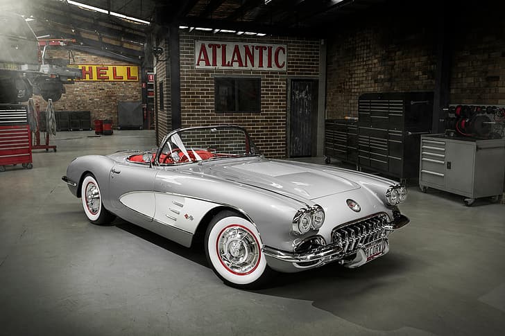 light, garage, Corvette, Chevrolet, 1958, 1950s, HD wallpaper