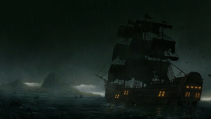 корабль старый корабль остров скалы птицы шторм вода море дождь облака парусный спорт, HD обои