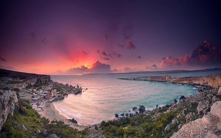 cuerpo de agua, naturaleza, paisaje, playa, tropical, mar, vacaciones, puesta de sol, acantilado, Malta, edificio, roca, bahía, nubes, Fondo de pantalla HD