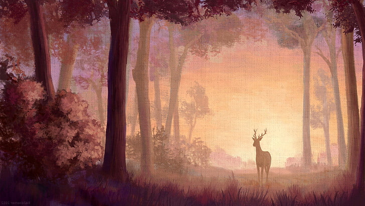 foresta, natura, pittura, cervo, tela, stampa, Sfondo HD
