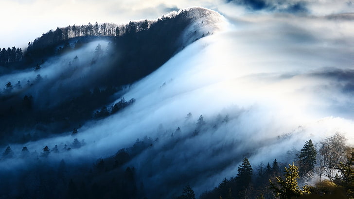 планина, покрита с мъгла, пейзаж, природа, HD тапет