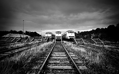 three trains, train, railway, rails, black and white, HD wallpaper HD wallpaper