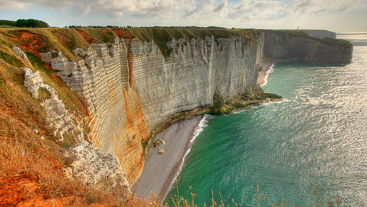 cliff, coast, beachfront, promontory, rock formation, bay, sea, tourism, europe, normandy, etretat, france, HD wallpaper