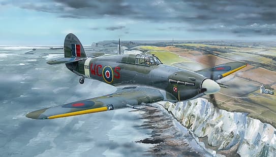 สงครามโลก สงคราม สงครามโลกครั้งที่สอง สหราชอาณาจักร สหราชอาณาจักร อังกฤษ เครื่องบิน อากาศยาน ทหาร เครื่องบินทหาร Royal Air Force Royal Airforce งานศิลปะ Boxart Hawker Hurricane เครื่องบินรบ Battle of Britain Cliffs of Dover, วอลล์เปเปอร์ HD HD wallpaper