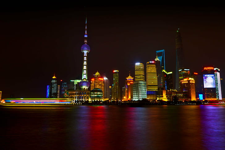 Oriental Pearl Tower, Shanghai at night, pudong, pudong, Cityscape, Oriental Pearl Tower, at night, architecture, landscape, LE, long exposure, skyscrapers, water, reflections, towers, Shanghai  Pudong, shanghai, pudong, asia, oriental Pearl Tower - Shanghai, night, china - East Asia, urban Skyline, famous Place, huangpu River, tower, urban Scene, skyscraper, river, modern, downtown District, built Structure, the Bund, building Exterior, city, sky, lujiazui, reflection, travel, HD wallpaper