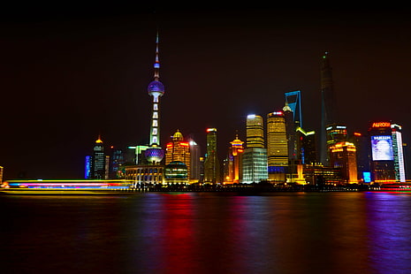 Oriental Pearl Tower, Shanghai at night, pudong, pudong, Cityscape, Oriental Pearl Tower, at night, architecture, landscape, LE, long exposure, skyscrapers, water, reflections, towers, Shanghai  Pudong, shanghai, pudong, asia, oriental Pearl Tower - Shanghai, night, china - East Asia, urban Skyline, famous Place, huangpu River, tower, urban Scene, skyscraper, river, modern, downtown District, built Structure, the Bund, building Exterior, city, sky, lujiazui, reflection, travel, HD wallpaper HD wallpaper