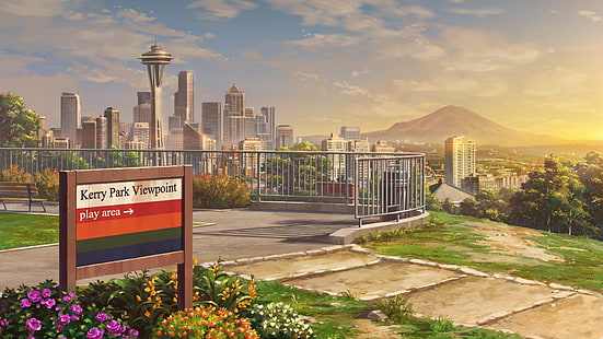 anime cityscape, skyscrapers, park, scenic, landscape, cloud, sky, Anime, HD wallpaper HD wallpaper