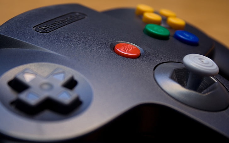 черен контролер за игри, Nintendo 64, видео игри, Nintendo, контролери, макро, бутони, близък план, технология, ретро игри, носталгия, HD тапет