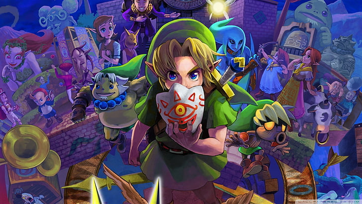 Zelda Link duvar kağıdı, Zelda efsanesi, Zelda efsanesi: Majora'nın Maskesi, video oyunları, Nintendo, Link, maske, sanat eserleri, Mutlu Maske Satıcısı, Anju, Cremia, filigranlı, HD masaüstü duvar kağıdı