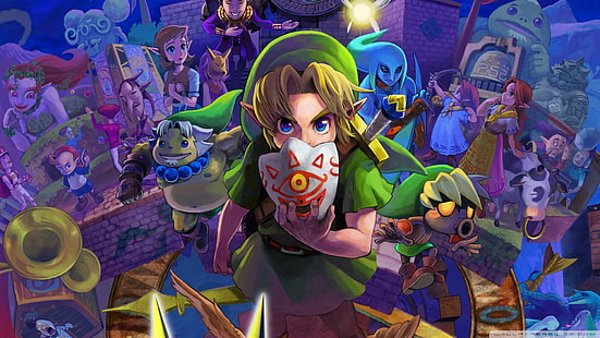 Обои The Legend of Zelda Link, Легенда о Zelda, The Legend of Zelda: Majora's Mask, видеоигры, Nintendo, Link, маска, произведение искусства, продавец Happy Mask, Анжу, Кремия, с водяными знаками, HD обои HD wallpaper