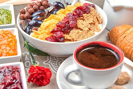  berries, coffee, Breakfast, fruit, muesli, fresh berries, HD wallpaper HD wallpaper