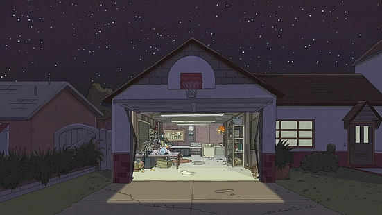 biało-brązowa ilustracja garażu, fan art, krajobraz, Rick and Morty, Rick Sanchez, Tapety HD HD wallpaper