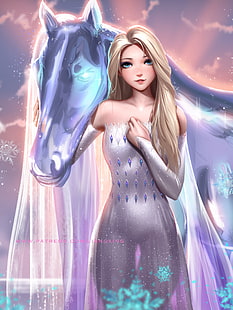 Elsa, Frozen (película), Frozen 2, películas, Disney, princesas de Disney, pantalla de retrato, rubia, cabello largo, ojos azules, pecas, mirando al espectador, sonriendo, hombros desnudos, vestido, chispas, brillante, nubes, destello de lente,copo de nieve, caballo, chica de fantasía, arte de fantasía, vertical, ilustración, arte digital, ilustración, dibujo, fan art, Liang Xing, Liang-Xing, gotas de agua, Fondo de pantalla HD HD wallpaper