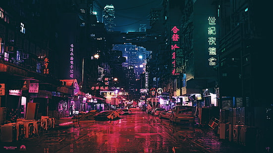 black signages, city roads with lightings and cars, night, artwork, futuristic city, cyberpunk, cyber, science fiction, digital art, Ghost in the Shell, concept art, HD wallpaper HD wallpaper