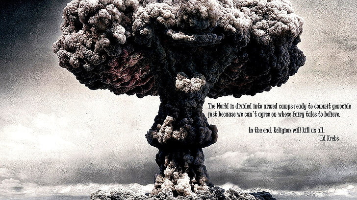 fumée noire avec superposition de texte, citation, athéisme, nuages ​​de champignons, bombe atomique, texte, art numérique, Fond d'écran HD