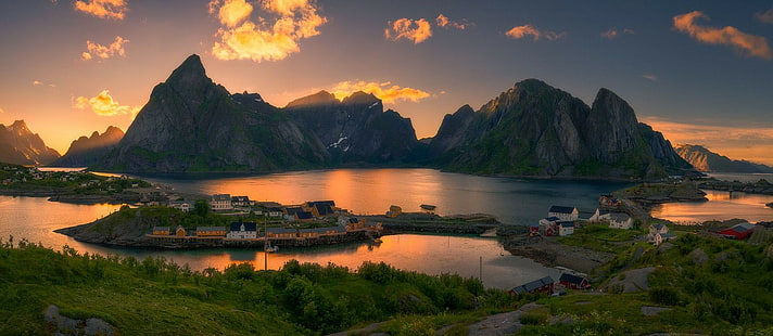 природа пейзаж фотография горы деревня остров лето утро солнечный свет Лофотенские острова Норвегия, HD обои HD wallpaper