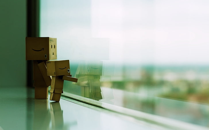 two brown box action figures, danboard, window, steam, cardboard robot, standing, HD wallpaper