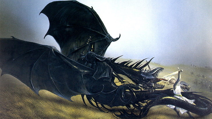 papel tapiz digital de dragón negro, J. R. R. Tolkien, El señor de los anillos, Éowyn, Nazgûl, arte de fantasía, John Howe, obra de arte, Fondo de pantalla HD