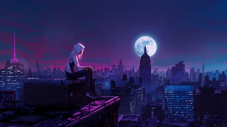 паук, Паук Гвен, лунные лучи, Нью-Йорк, крыши, огни города, Комиксы Marvel, Гвен Стейси, Человек-Паук, подсветка, AI искусство, HD обои