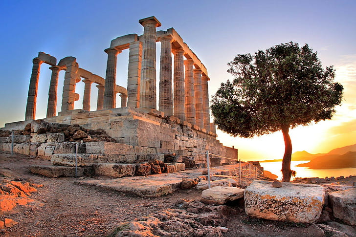architecture, building, Greece, Greek, ancient, Temple of Poseidon, trees, HD wallpaper