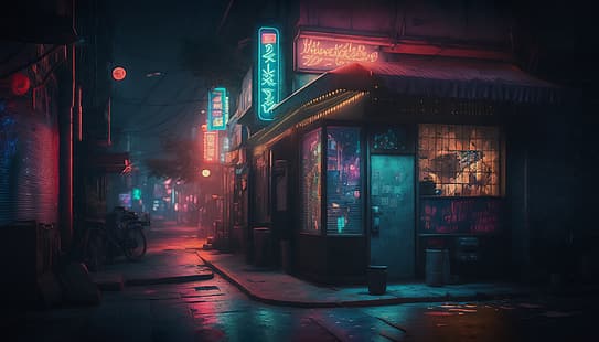 AI arte, città, Tokyo, strada, neon, illustrazione, notte, Sfondo HD HD wallpaper