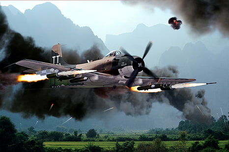 the sky, mountains, war, smoke, figure, missiles, art, attack, the plane, American, Douglas A-1, Vientam, 