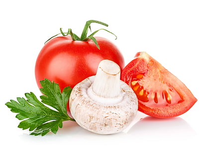 красный помидор и белый гриб, грибы, петрушка, помидор, белый фон, HD обои HD wallpaper