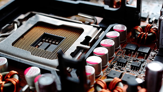 brown and black motherboard, electronics, closeup, microchip, CPU, Intel, HD wallpaper HD wallpaper