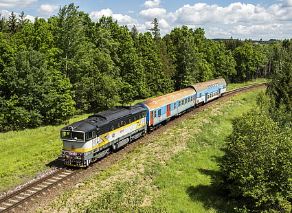 деревья, путь, поезд, вагоны, железная дорога, паровоз, железные дороги, HD обои HD wallpaper
