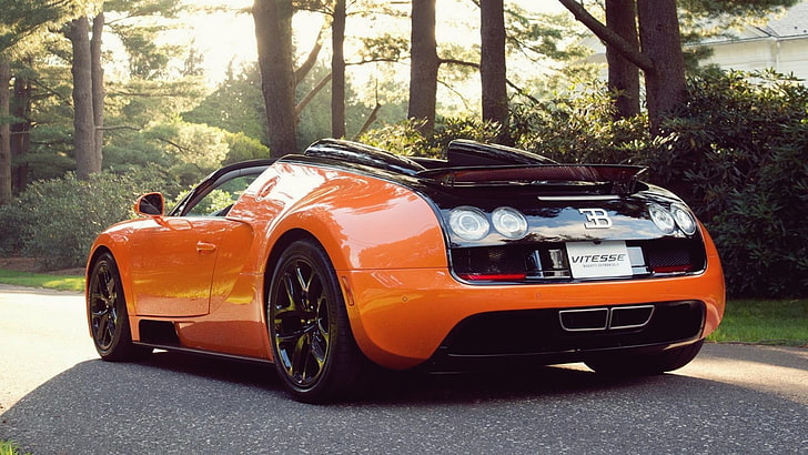 оранжевый Bugatti, роскошный автомобиль, Bugatti, автомобиль, спорткар, Bugatti Veyron 16.4 Grand Sport Vitesse, HD обои