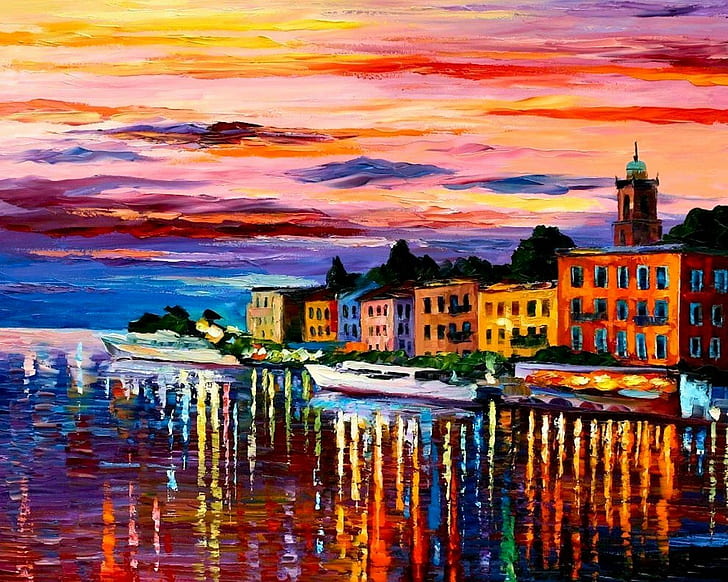 colorful, painting, artwork, building, water, reflection, house, boat, church, Leonid Afremov, Lake Como, Bellagio, Italy, HD wallpaper